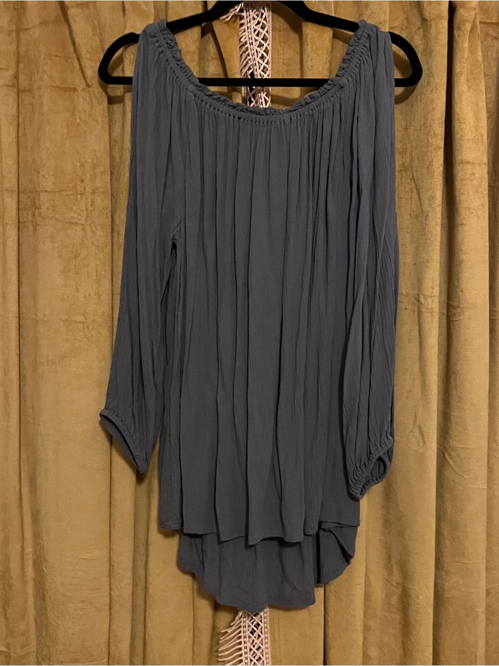 beachlunchlounge Olive Green Crinkled Boho Peasant Top - cold shoulder